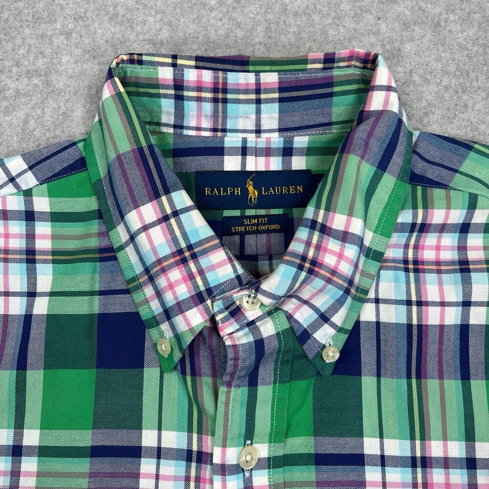 Polo Ralph Lauren Shirt Mens Large Slim Fit Madras Plaid Flesh Pony Button Down - Picture 7 of 11